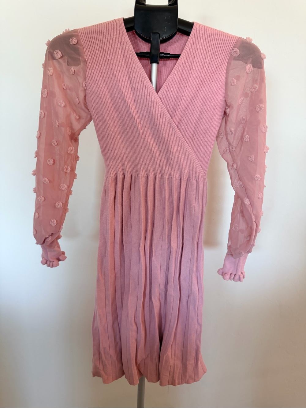 Pink Pleated V-Neck Knit Dress with Sheer Pom-Pom Sleeves